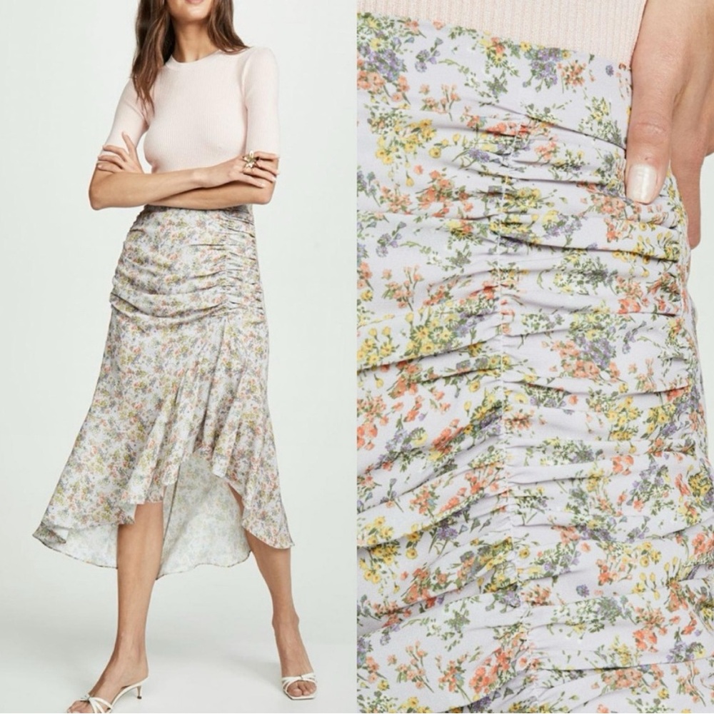 Alice + Olivia Freida Ruched High Waist Midi Skirt Confetti Daisy Lilac